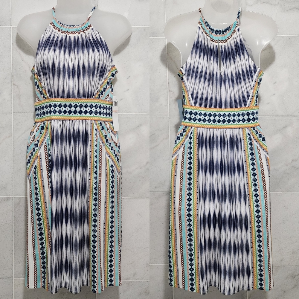 London Times Green Dress Keyhole Multi Color Size 2